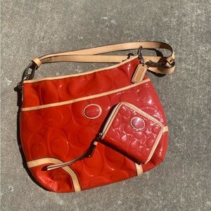 Orange Coach Patent Crossbody Bag with Tan Trim & matching wallet